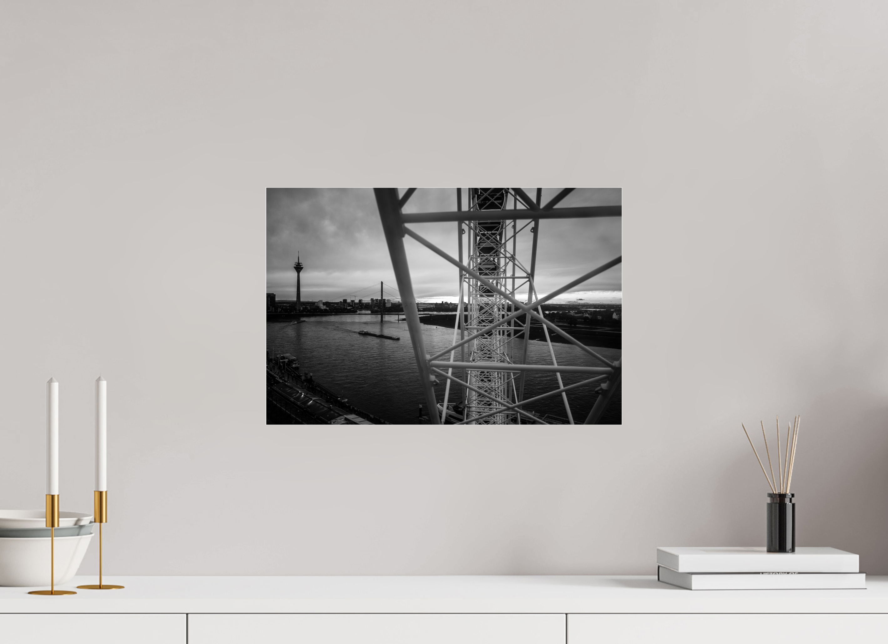 45 x 30 cm, Photo Print Under Acrylic Glass Ferris Wheel black and white